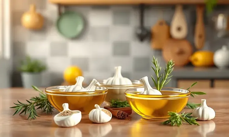 Ingredientes aromáticos como alho, azeite e manjericão em potes coloridos para temperar molhos.