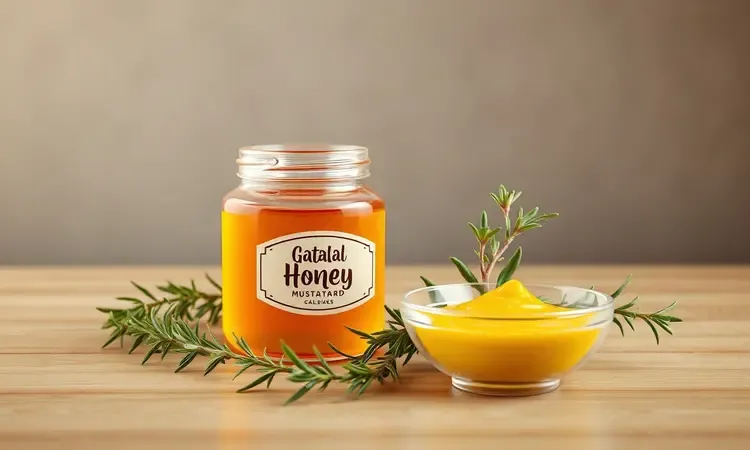Ingredientes conceituais como mel, mostarda e ervas para variações de sabor.