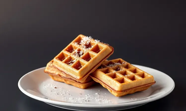 Diferentes tipos de waffles incluindo versões de chocolate e integrais dispostos em uma travessa moderna em 3D.