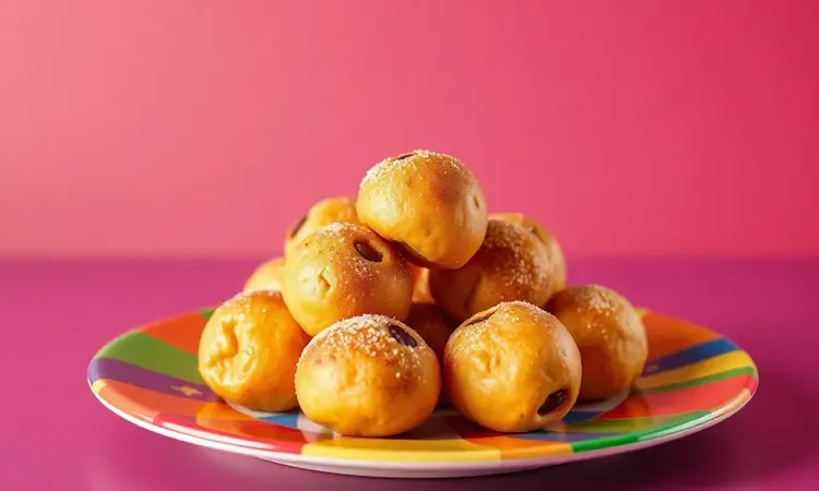 Vários bolinhos de chuva polvilhados com açúcar e canela, alguns com gotas de chocolate, em um prato colorido e vibrante.