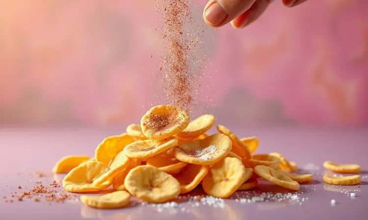 Chips de banana com canela e especiarias em uma cena colorida e convidativa.
