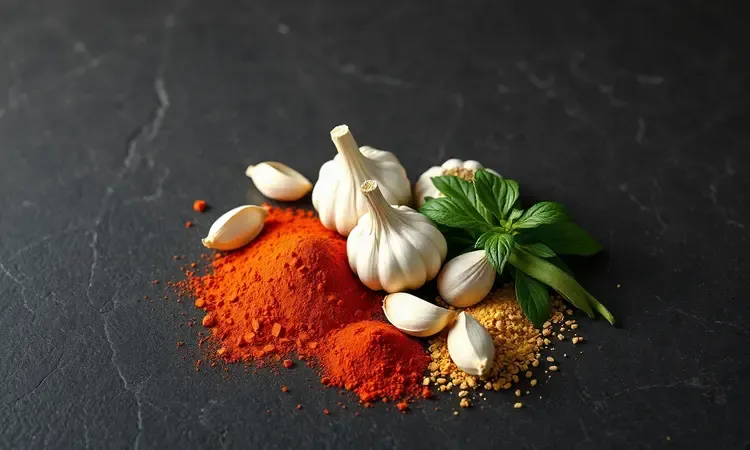 Especiarias coloridas como páprica e alho ao lado de ramos de ervas frescas para temperar batatas.