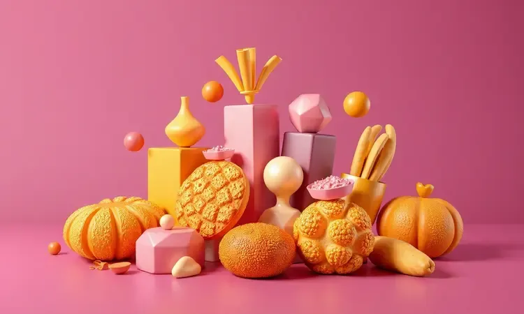 Composição artística 3D de variados alimentos geométricos com textura de empanado dourado e crocante.