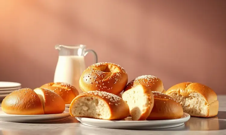 Variedade de pães caseiros e itens de café da manhã em uma composição artística e colorida.