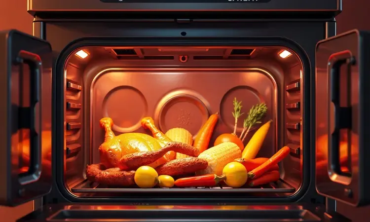 Ilustração 3D conceitual de diversos alimentos sendo preparados de forma versátil em um forno moderno.