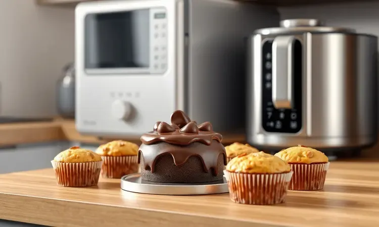 Um bolo pequeno e muffins recém-assados dispostos em uma bancada de cozinha moderna e ensolarada.