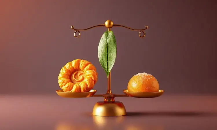Representação conceitual em 3D de uma balança equilibrando saúde e o sabor de um pastel crocante.